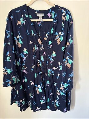 Catherines Navy Floral Pintuck Button-Up Tunic, sz 5X